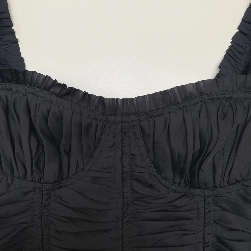 Ulla Johnson Mia Blouse Sz 0 Black Plisse Satin Bustier Puff Sleeve Pleated Sexy
